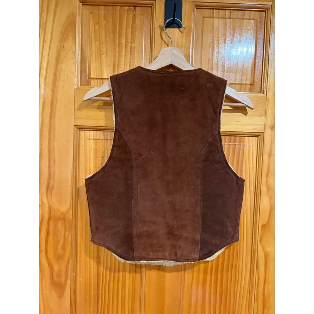 Vintage Bermans Brown Suede Sherpa Lined Western Vest Youth Kids Shearling